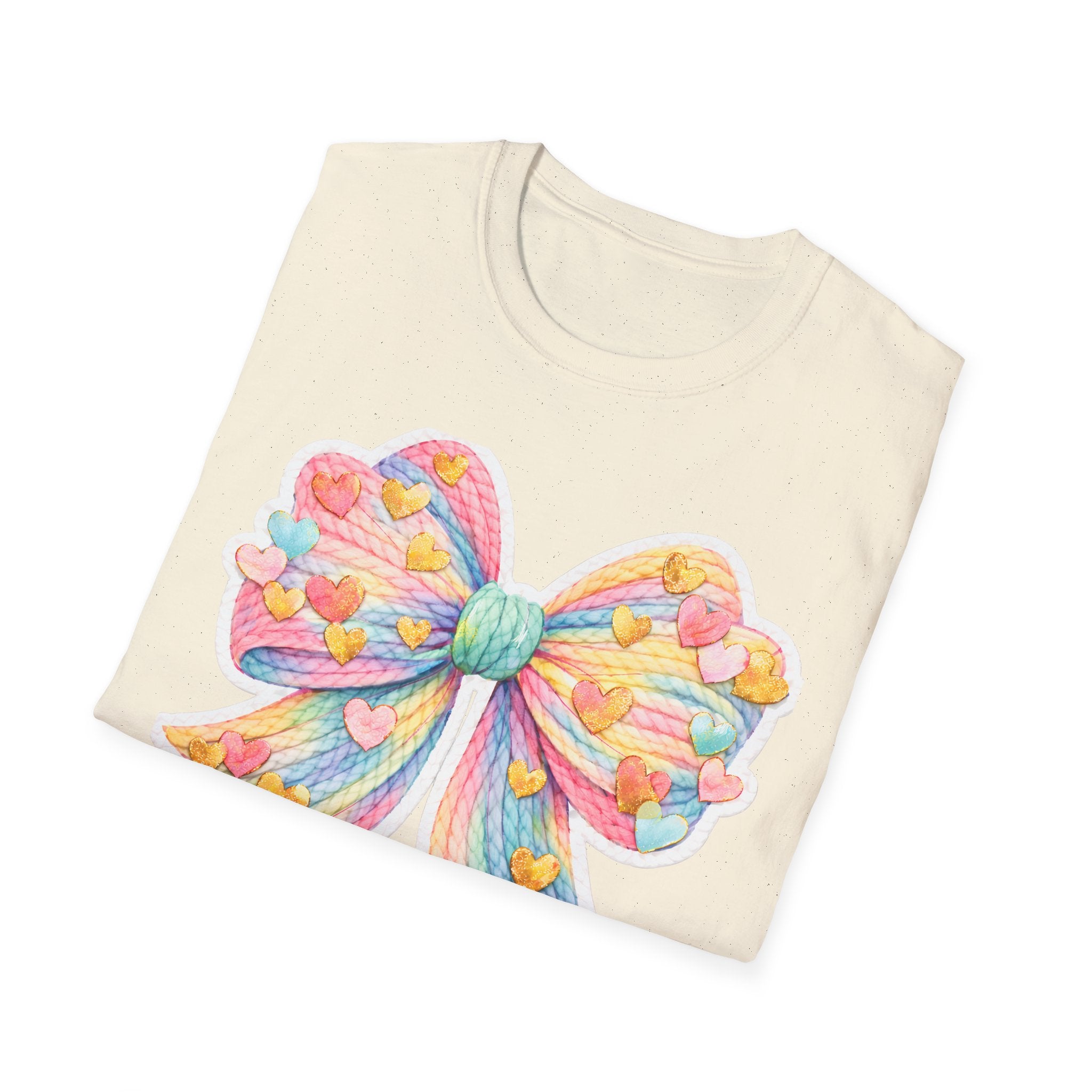 Pastel Rainbow Bow T-Shirt — Cute Heart Confetti Graphic Tee
