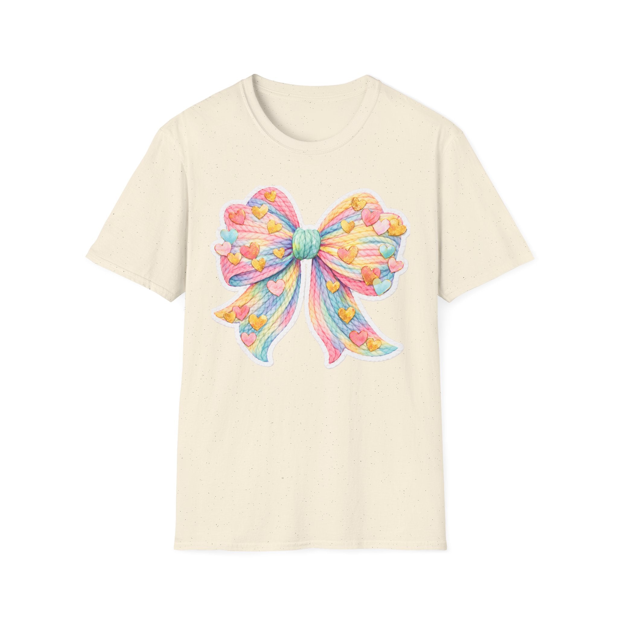 Pastel Rainbow Bow T-Shirt — Cute Heart Confetti Graphic Tee
