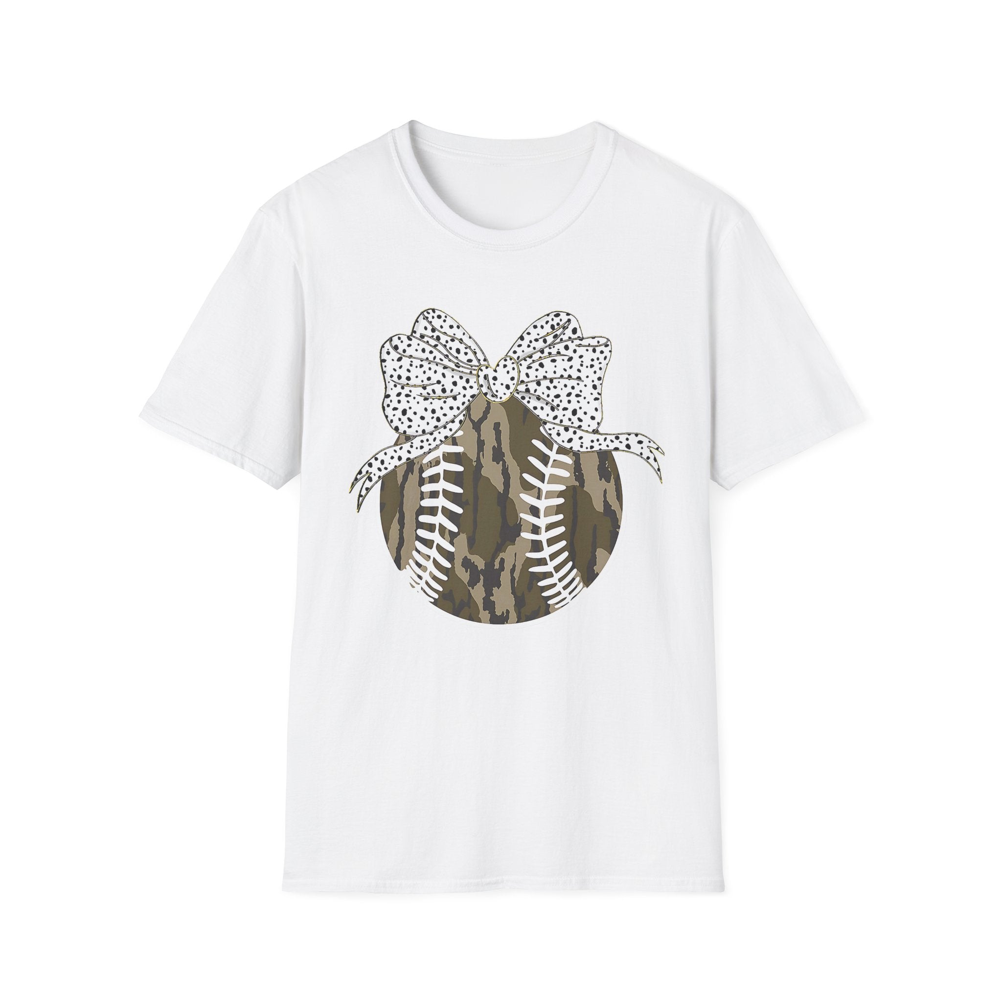Camo Softball Bow T-Shirt — Camo Baseball/Softball Graphic Tee