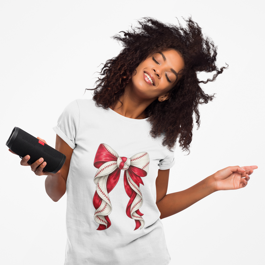 Baseball Bow T-Shirt — Vintage Red Ribbon Softball Fan Tee