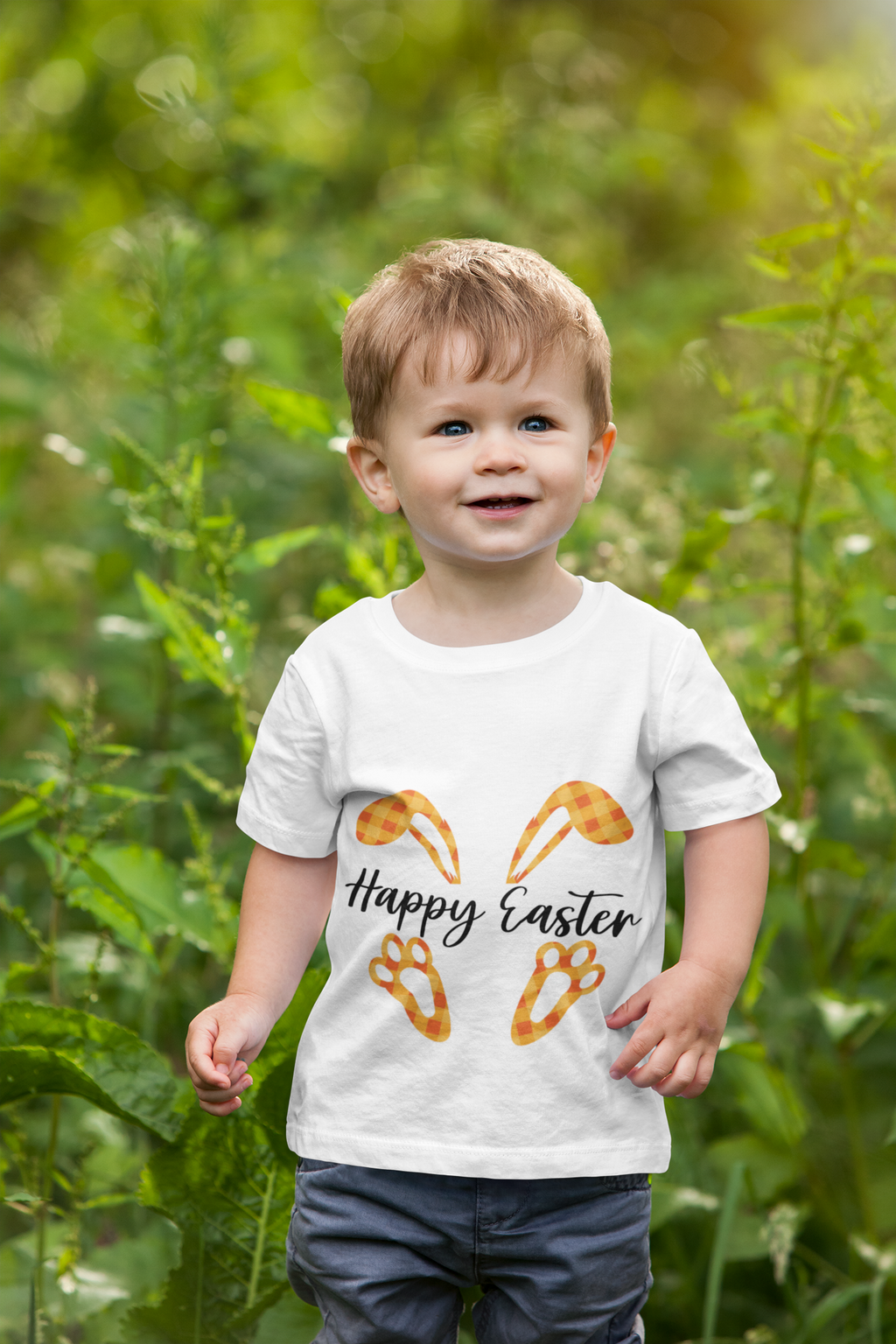 Kids Easter Tee — 'Happy Easter' Bunny Ears & Paws Graphic