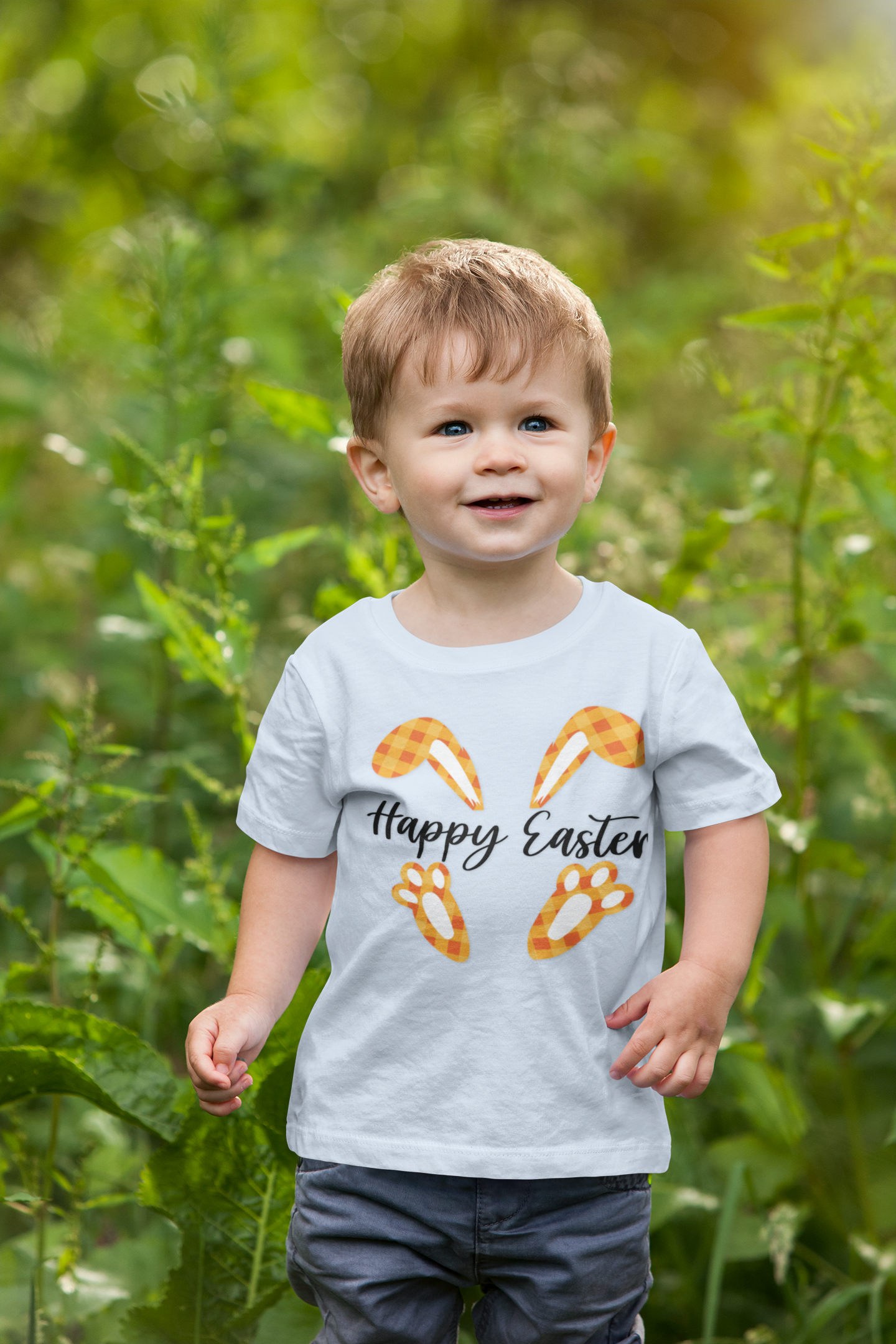 Kids Easter Tee — 'Happy Easter' Bunny Ears & Paws Graphic