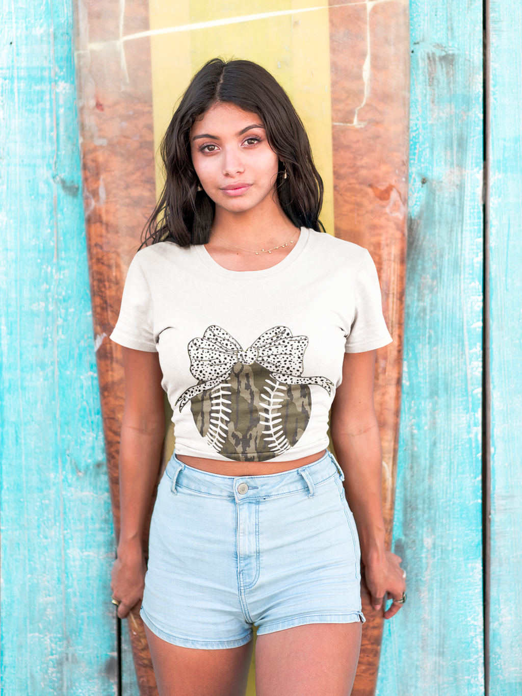 Camo Softball Bow T-Shirt — Camo Baseball/Softball Graphic Tee