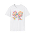 Pastel Rainbow Bow T-Shirt — Cute Heart Confetti Graphic Tee