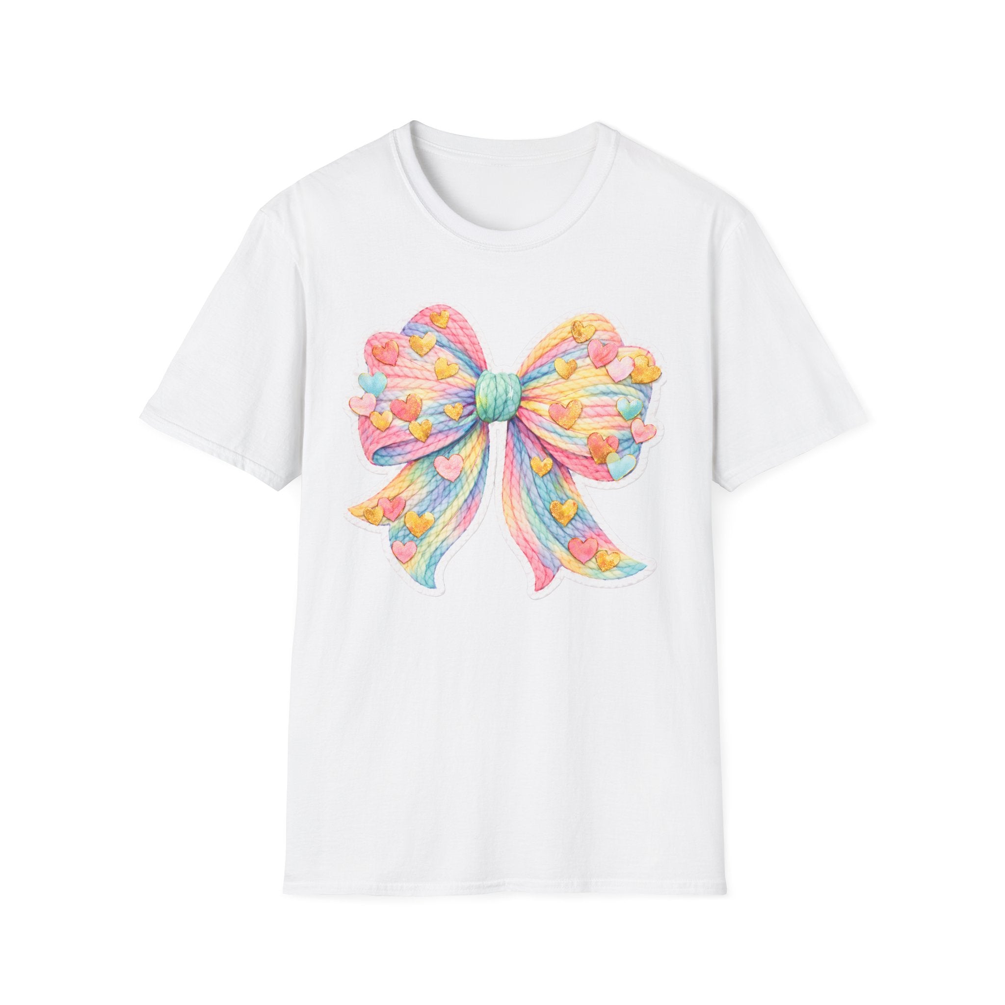 Pastel Rainbow Bow T-Shirt — Cute Heart Confetti Graphic Tee