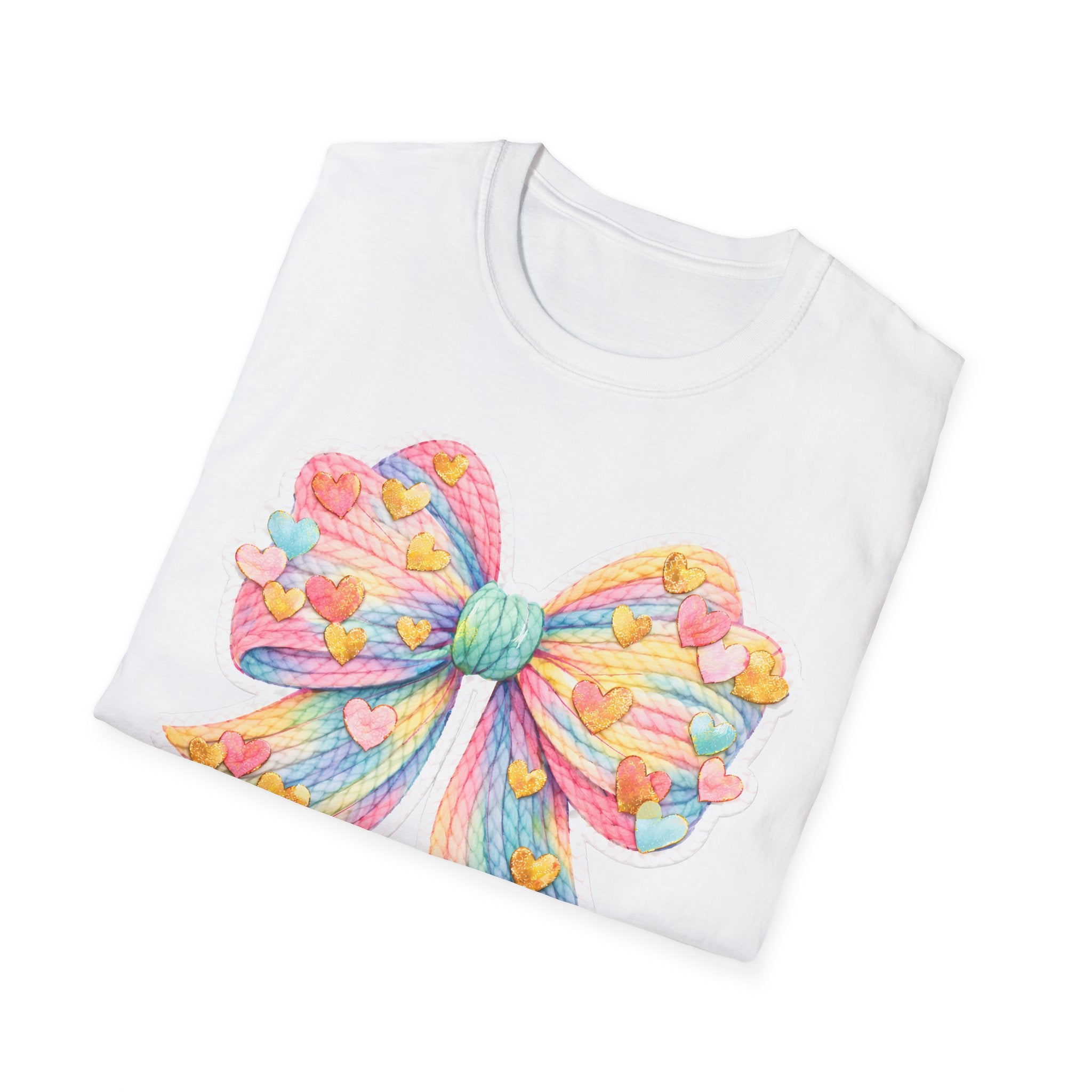 Pastel Rainbow Bow T-Shirt — Cute Heart Confetti Graphic Tee